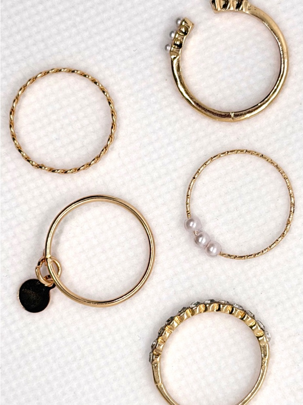 Gold Plated Stacking Rings Set with Faux Pearls and Faux Crystals - Picture 2 of 9